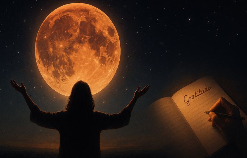 ブラッドムーンの下で月光を浴びながら手を広げる人物。横には「感謝ノート」を書いているイメージ