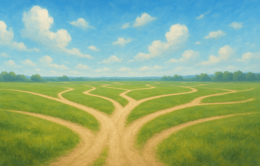 分かれ道や複数の道が広がる風景のイメージ