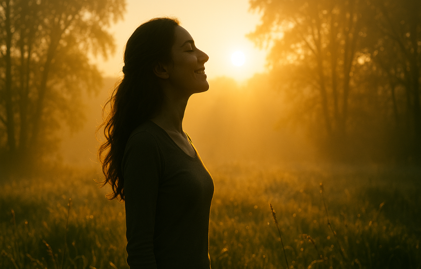 自然の中で深呼吸をし、穏やかな表情で微笑む女性のシルエット