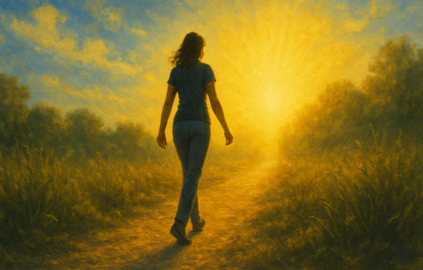 「新しい自分」への再生と成長、自己実現を象徴、一歩踏み出す女性のイメージ