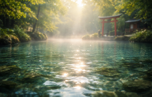 神社の池の水面にやわらかな光が反射し、静かな浄化と癒しを感じさせる情景