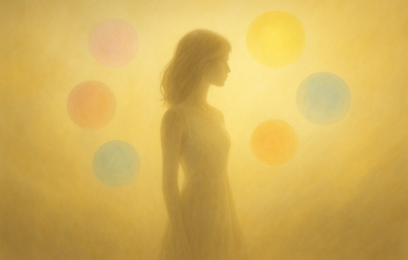 女性のシルエットのまわりにさまざまな感情や側面を象徴する光の球が浮かぶ、多面的な自己を表現した抽象アート