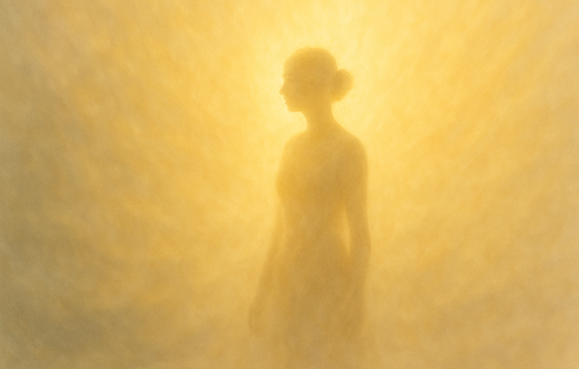 本来の自分へ戻る安心感と温かさを象徴する、黄金の癒しの光の抽象アート