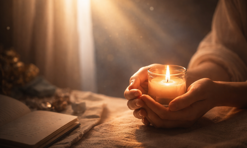 暗がりの中に、一筋の柔らかな朝日が差し込んでいて、手元で小さなランプやキャンドルを大切に灯している、温かみのある写真。