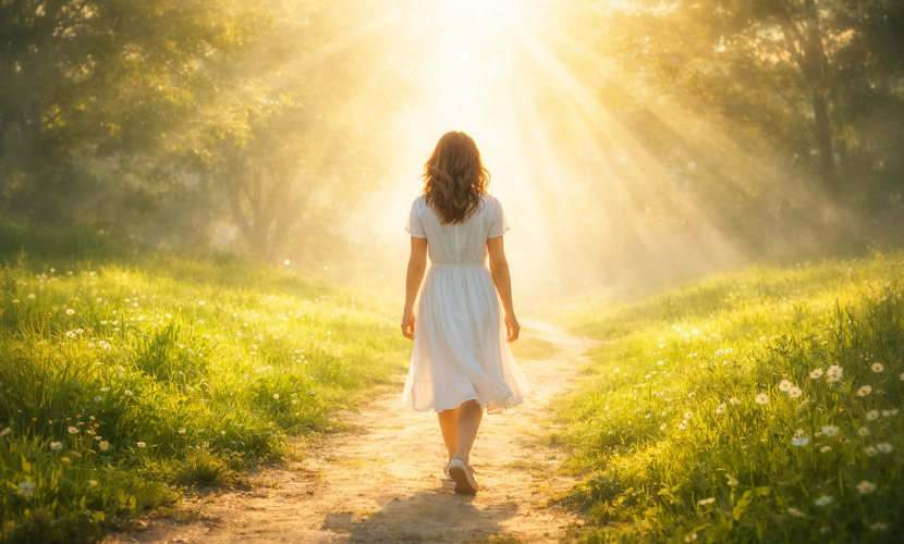 光が差し込む道、または人が歩き出す後ろ姿のイメージ画像