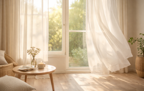 窓からやわらかな朝の光が入り、 カーテンが少し揺れているイメージ画像