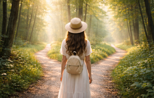 穏やかな朝の光が差し込む、二股に分かれた静かな森の道の前で立つ女性の後ろ姿