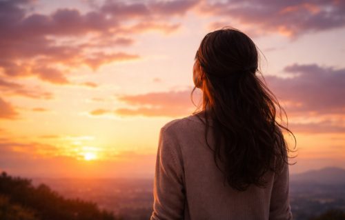 夕暮れの空を見上げる女性、背中越しのシルエット。少し切なさと希望が入り混じった印象の風景のイメージ画像