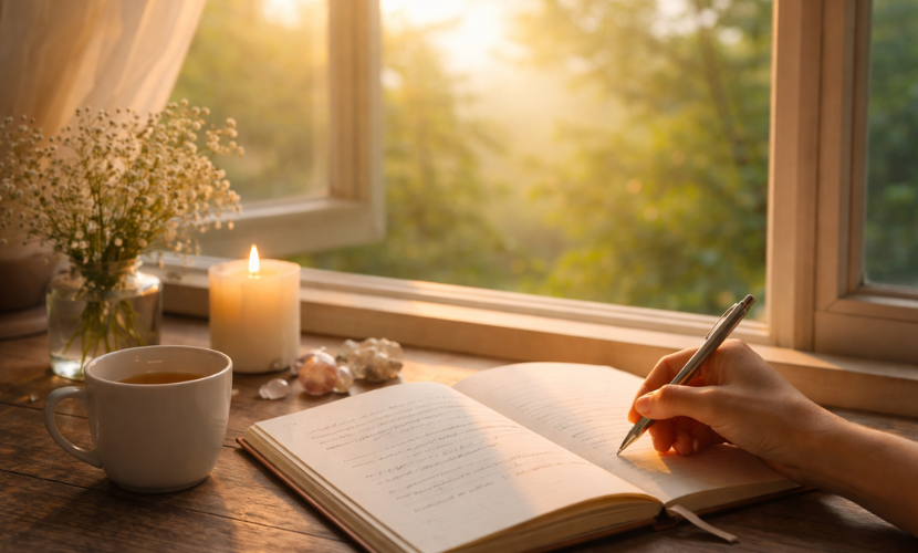 やわらかな朝日が差し込む窓辺にノートに手書きしている様子・霊的理想を書くという行為のイメージ画像