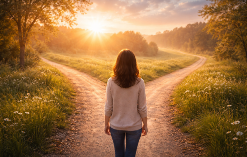 人生の分かれ道で未来を見つめる女性
