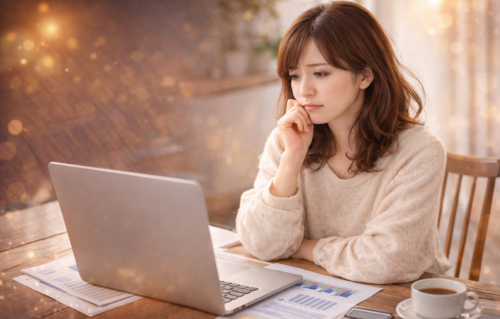パソコンを見ながら投資や人生の選択に悩み、違和感を感じて考えている女性のイメージ