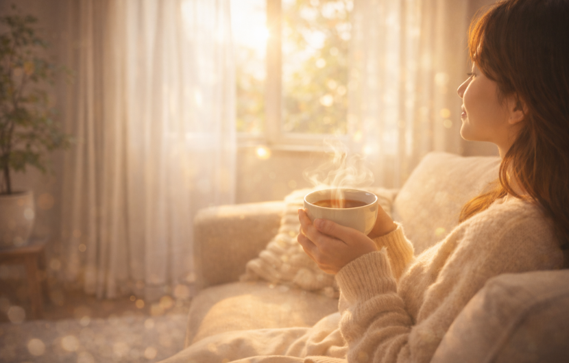 温かい飲み物で心と体を癒しているリラックスした時間のイメージ画像